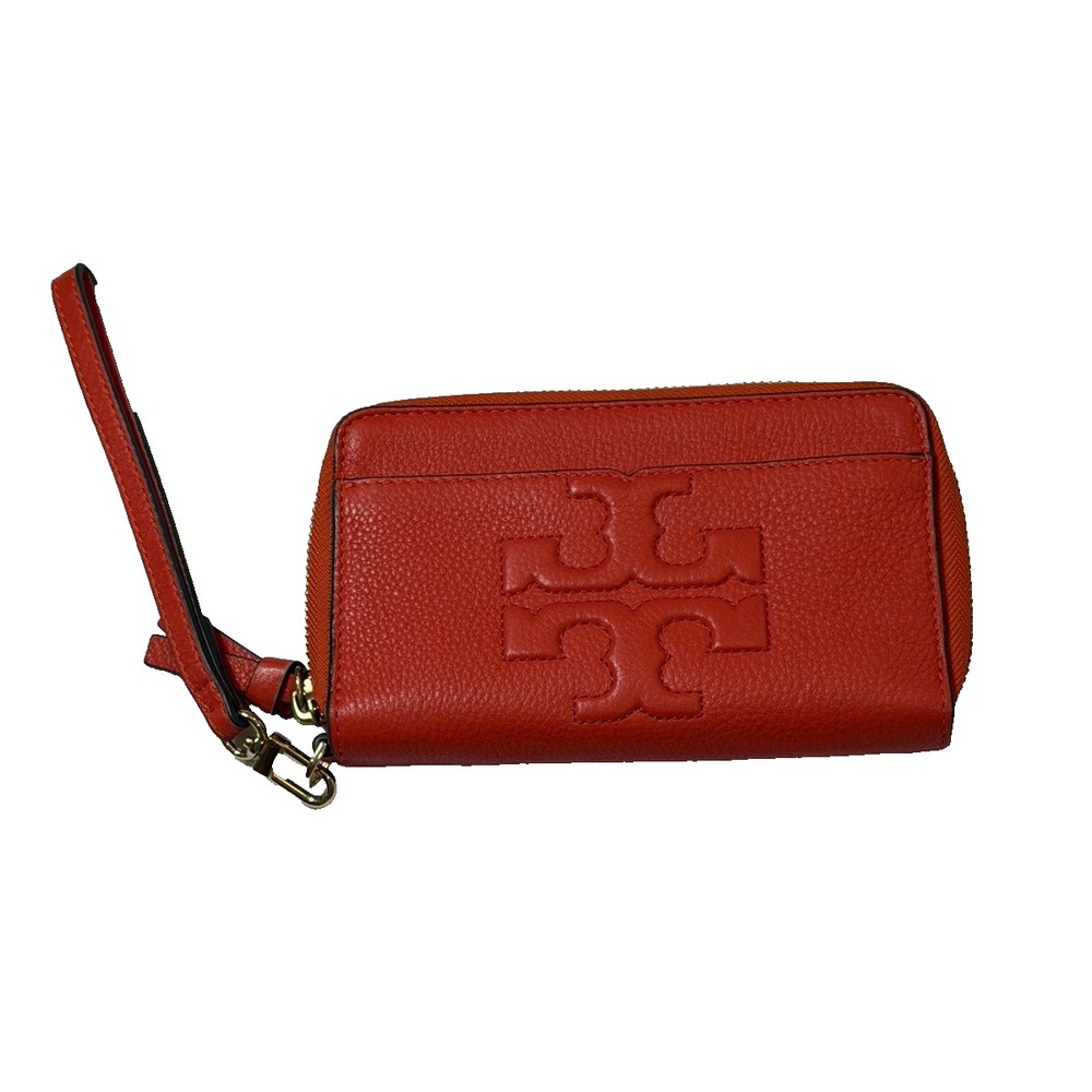 Tory Burch Harper Zip Continental Wallet Wristlet Orange Leather Double T NWOT